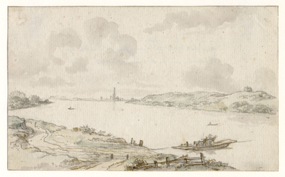 200124 Gezicht over de Rijn vanaf de zuidelijke oever met Rhenen op de achtergrond en de veerpont bij Opheusden op de ...